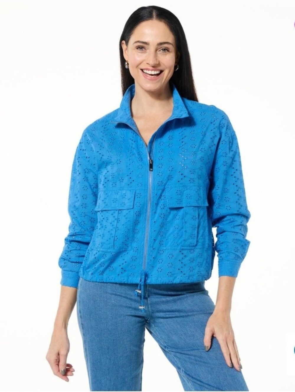 NEW!! Jaclyn Smith Royal Blue Eyelet Zip Bomber Jacket, Sz Small, NWT